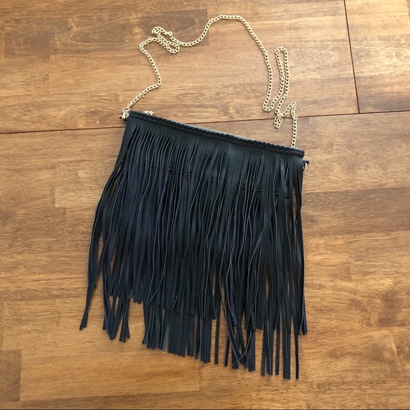 Black Fringe Hand Bag with removable gold chain - Picture 6 of 10